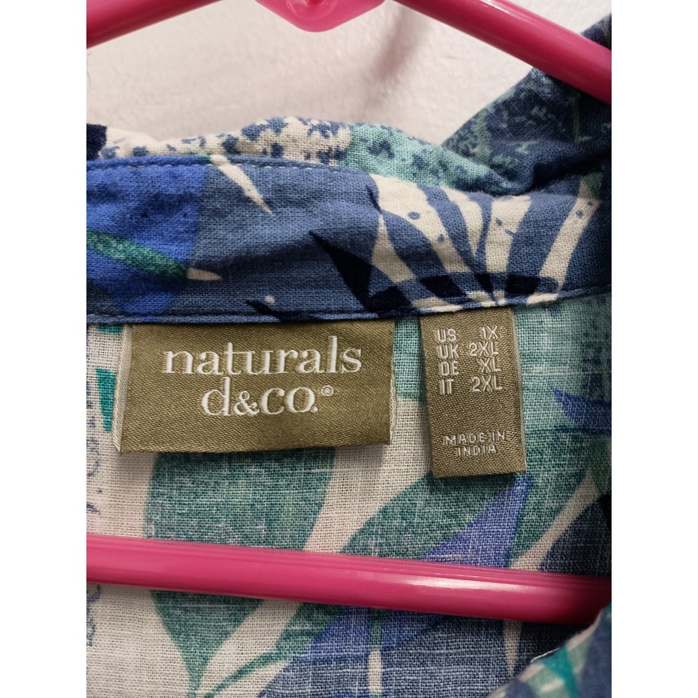 Naturals d&co Button Up Shirt Womens 1X Blue Tropical Linen Blend Coastal - Picture 3 of 10